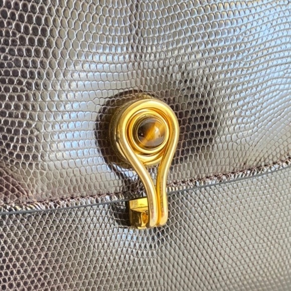 Vintage Gucci Lizard Skin Shoulder Bag Brown Reptile Purse Tigers Eye Clasp 80s - Picture 3 of 13